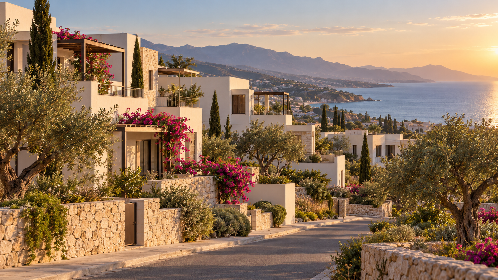 White villas and apartments on a Mediterranean hillside overlooking the sea